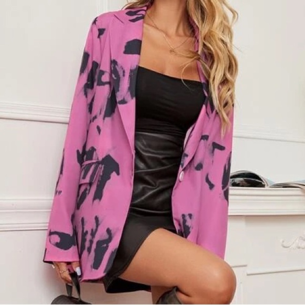 SHEIN Graphic Print Flap Detail Single Button Blazer- Size Small